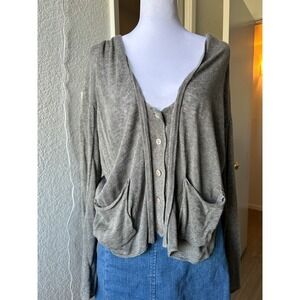 INHABIT Gray Linen Blend Slouchy‎ Cardigan Sweater Pockets M Academia Boxy Clean